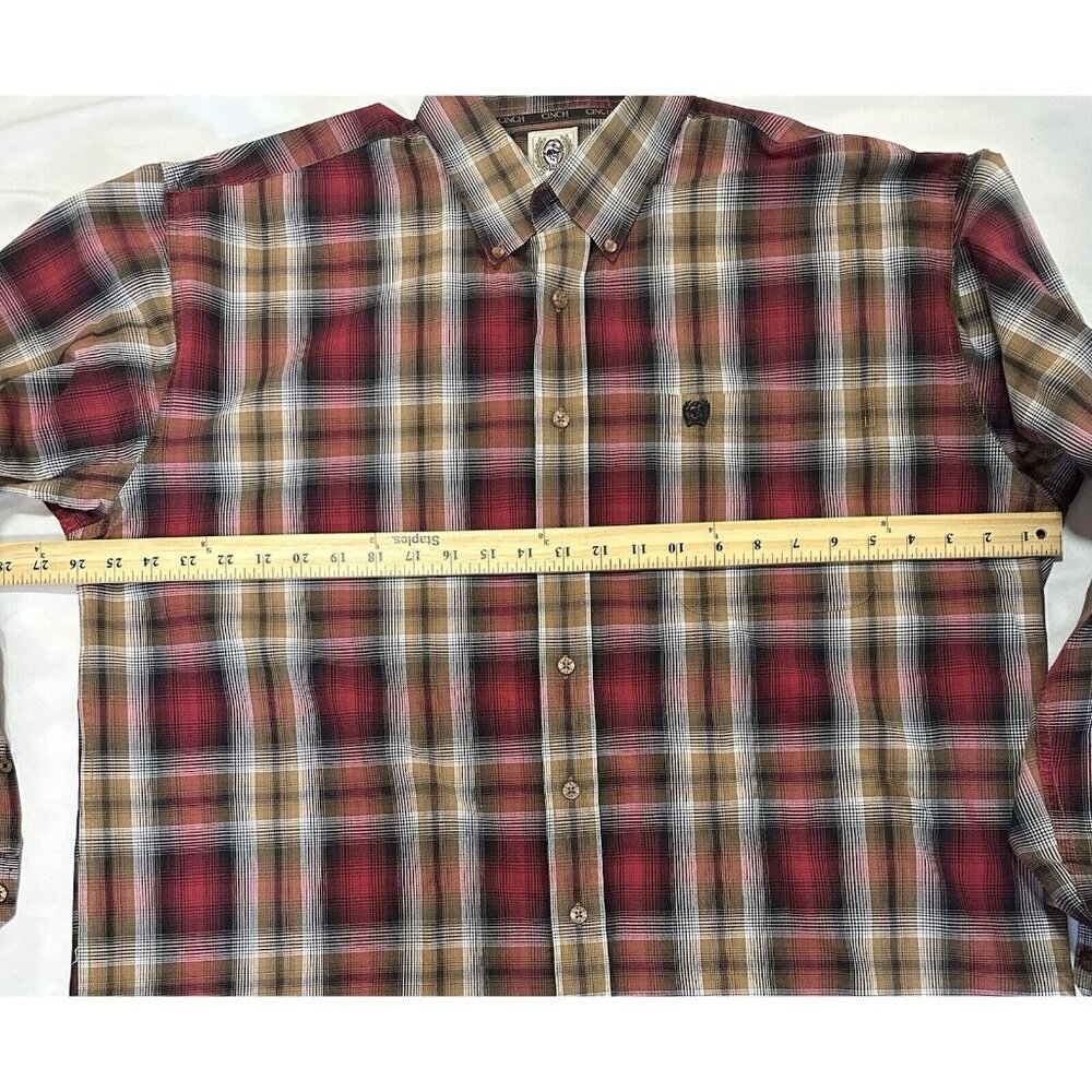 CINCH MEN'S XL 100 % COTTON PLAID RED/BROWN LONG SLEEVE COLLAR WESTERN SHIRT - Picture 9 of 9